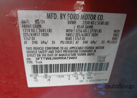 2024 Ford Maverick Xlt from USA, damaged, VIN 3FTTW8J90RRA72403
